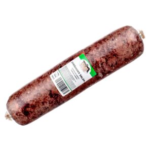 Zvěřinový ořez s hovězím — mražený BARF salám se zvěřinou a hovězími droby, balení cca 1 kg